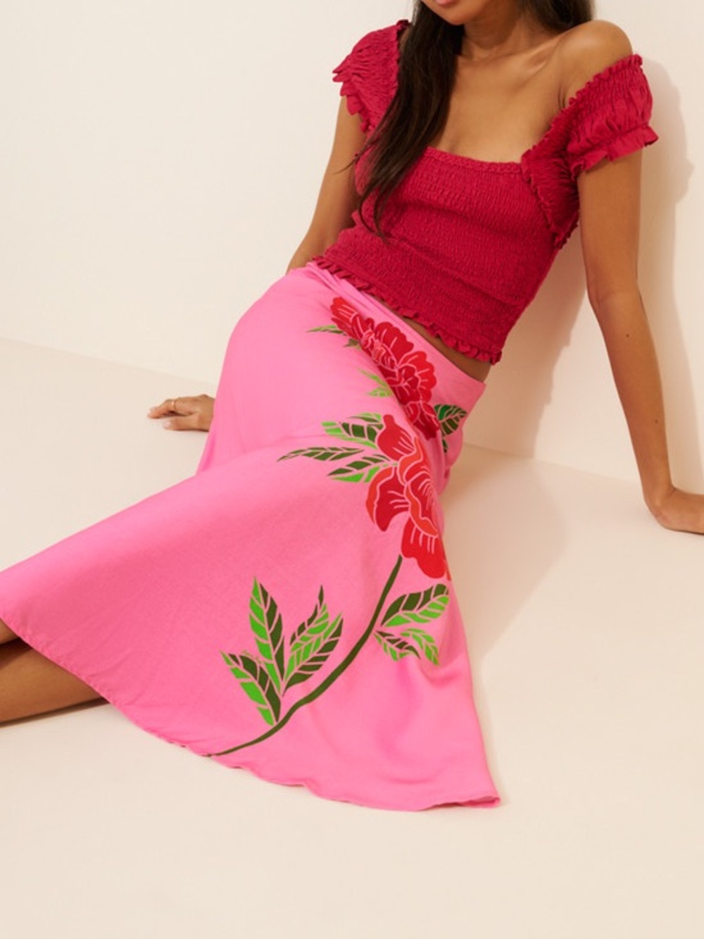 Farm Rio x Anthropologie Rose Motif Pink Maxi Skirt Floral Size M - Picture 10 of 12
